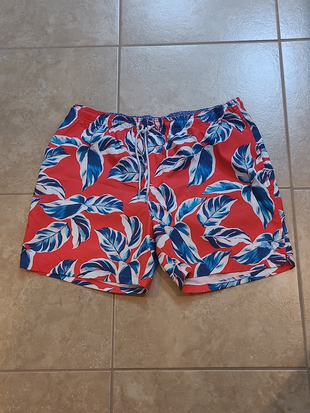 Tommy Bahama Red Swim Trunks with Blue and White Tropical Leaves